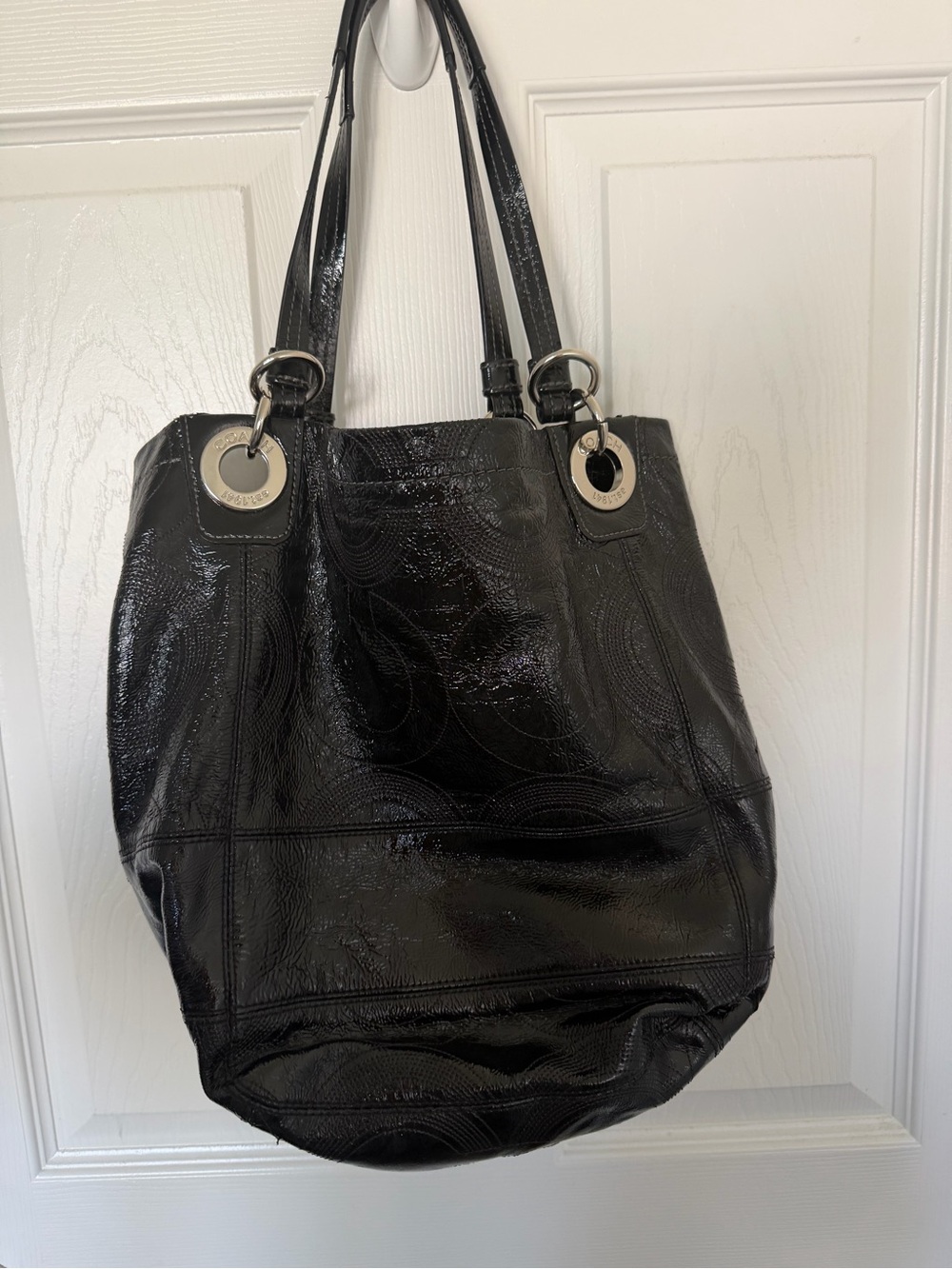Coach Black Patent Leather Logo Tote with Front Pocket and Silver Hardware - Picture 5 of 10